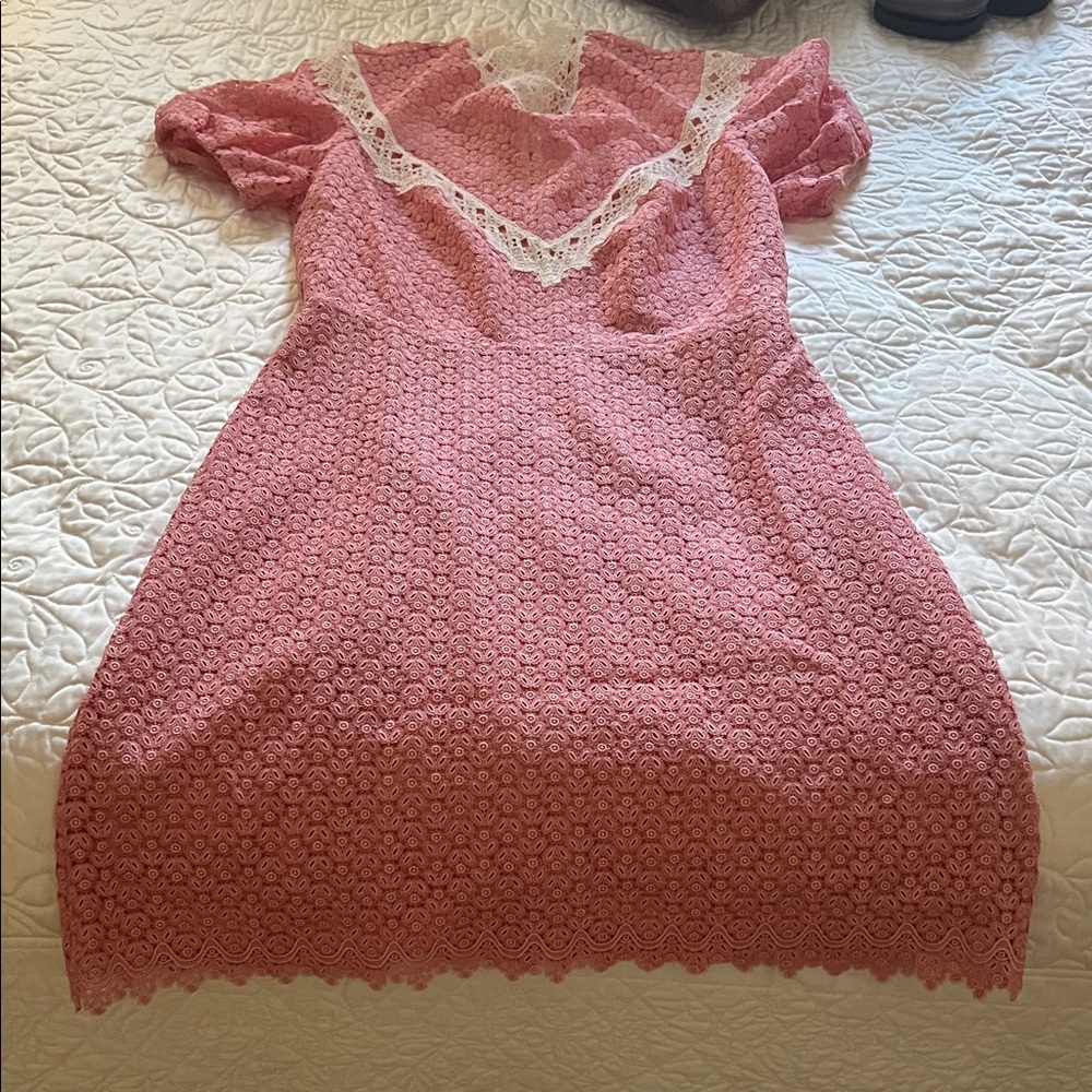 Pink Lace Dress with White Trim